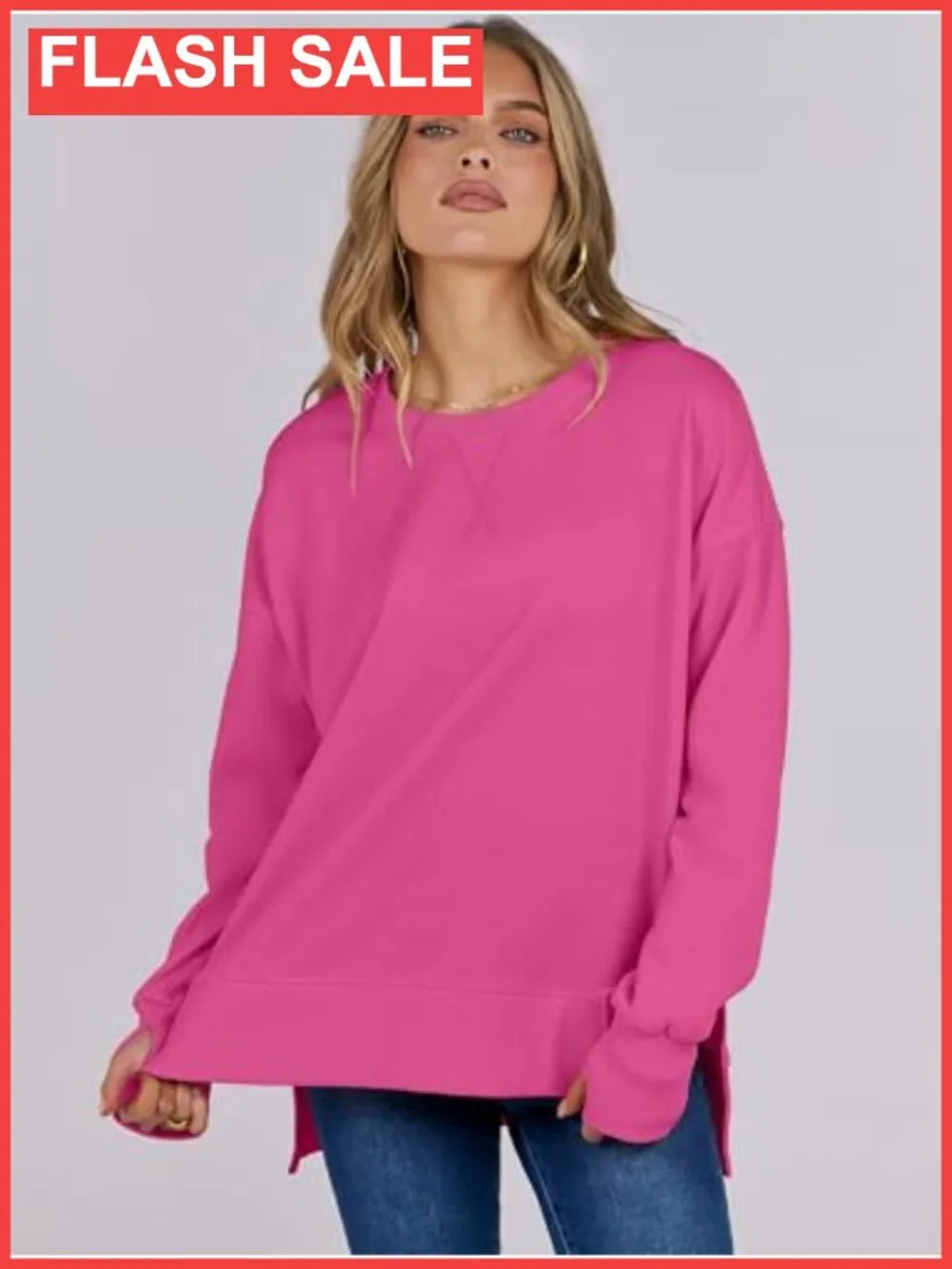 Oversized Lightweight Long Sleeve Crewneck Sweatshirt Side Split Pullover